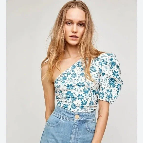 Free People Intimately One Shoulder Puff Sleeve Floral Bodysuit Teal Cream XS - Picture 6 of 7
